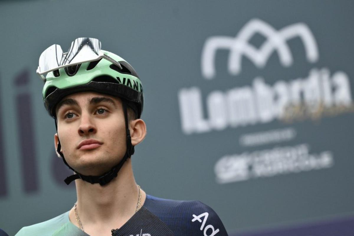 Decathlon CMA CGM Team's French rider Paul Seixas looks on before the start of the 120th edition of the Giro di Lombardia (Tour of Lombardy), a 239km cycling race from Bergamo to Como, in Bergamo on October 10, 2026. Marco BERTORELLO / AFP
