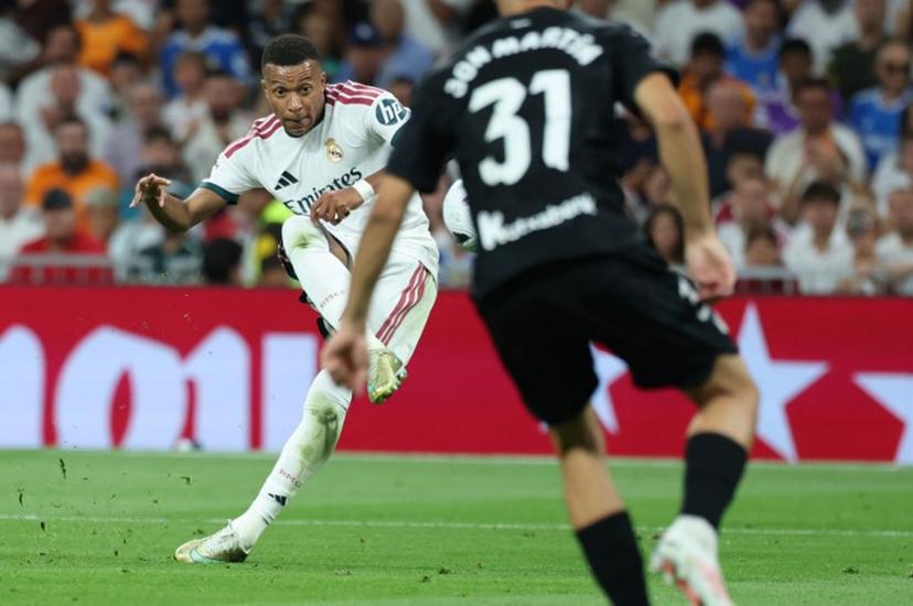 Real Madrid's French forward #10 Kylian Mbappe shoots during the Spanish league football match between Real Madrid CF and Real Sociedad at Santiago Bernabeu Stadium in Madrid on August 26, 2026. Thomas COEX / AFP