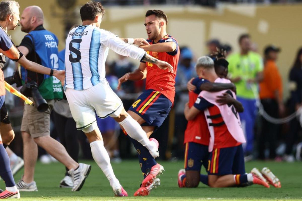 (FILES) Argentina's midfielder #05 Leandro Paredes (L) clashes with Spain's defender #04 Eric Garcia at the end of the 2026 World Cup football tournament final match between Spain and Argentina at the New York/New Jersey Stadium in East Rutherford on July 19, 2026. FIFA announced on July 29, 2026 that it had opened proceedings into some Argentina players for their behaviour after losing the World Cup to Spain. A handful of Argentina players and staff confronted their Spanish rivals after the final whistle of the final in New York which Spain won 1-0 after extra time. Argentina players including Nahuel Molina, Thiago Almada and Leandro Paredes, as well as Argentinian official Roberto Ayala, were involved in the incidents, as was Spain's Pablo Martin Paez Gavira. CHARLY TRIBALLEAU / AFP