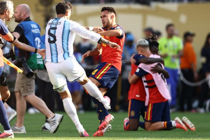 (FILES) Argentina's midfielder #05 Leandro Paredes (L) clashes with Spain's defender #04 Eric Garcia at the end of the 2026 World Cup football tournament final match between Spain and Argentina at the New York/New Jersey Stadium in East Rutherford on July 19, 2026. FIFA announced on July 29, 2026 that it had opened proceedings into some Argentina players for their behaviour after losing the World Cup to Spain. A handful of Argentina players and staff confronted their Spanish rivals after the final whistle of the final in New York which Spain won 1-0 after extra time. Argentina players including Nahuel Molina, Thiago Almada and Leandro Paredes, as well as Argentinian official Roberto Ayala, were involved in the incidents, as was Spain's Pablo Martin Paez Gavira. CHARLY TRIBALLEAU / AFP