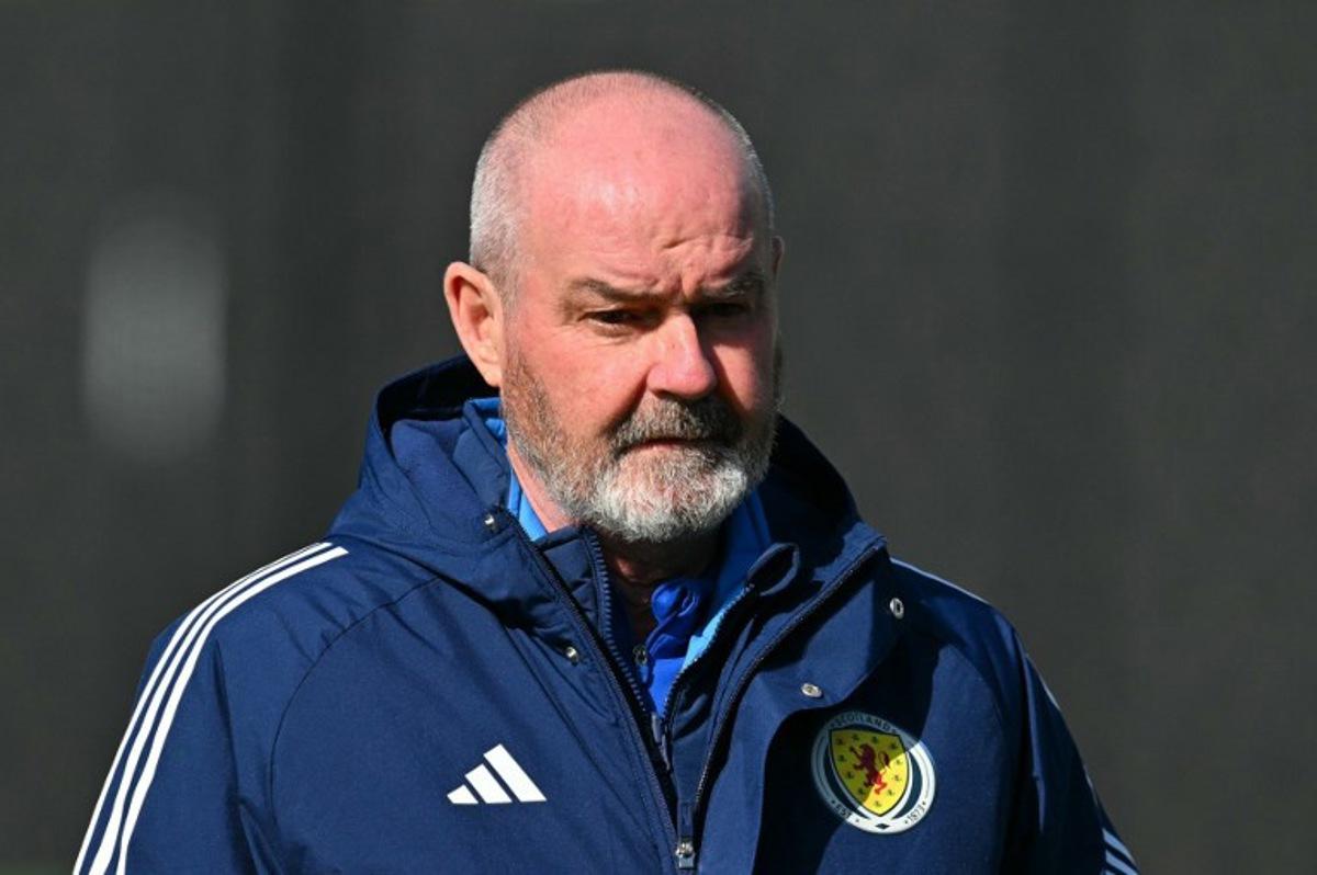 Scotland's head coach Steve Clarke looks on during a team training session at Hampden Park, in Glasgow, on March 27, 2026, on the eve of their international friendly football match against Japan. ANDY BUCHANAN / AFP