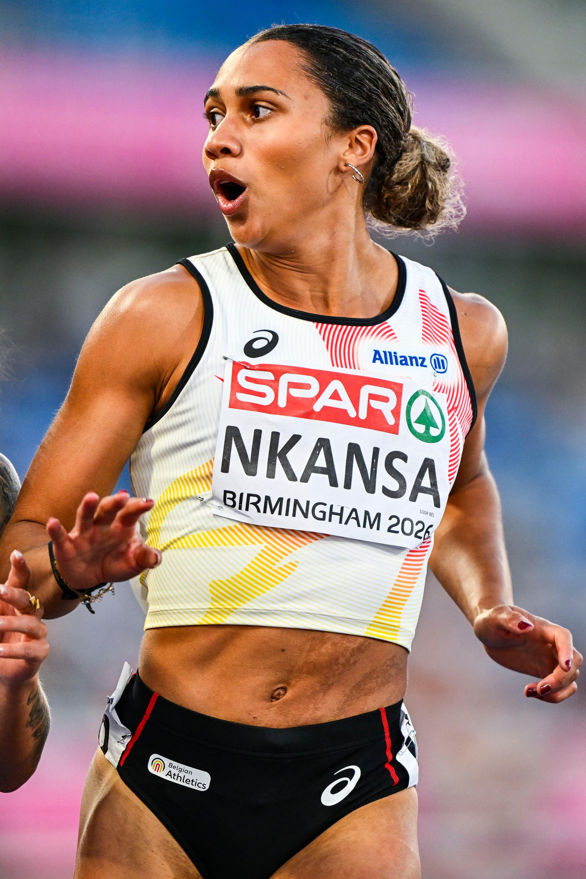Belgian Delphine Nkansa reacts as she finishes second and qualify for the final during the semi-finals of the women's 100m race at the European Athletics Championships (August 10-18) in Birmingham, United Kingdom, on Monday 10 August 2026. BELGA PHOTO ERIC LALMAND