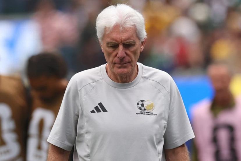 South Africa's Belgian head coach Hugo Broos gestures at the halftime of the 2026 World Cup round of 32 football match between South Africa and Canada at the Los Angeles Stadium in Inglewood on June 28, 2026. ETIENNE LAURENT / AFP