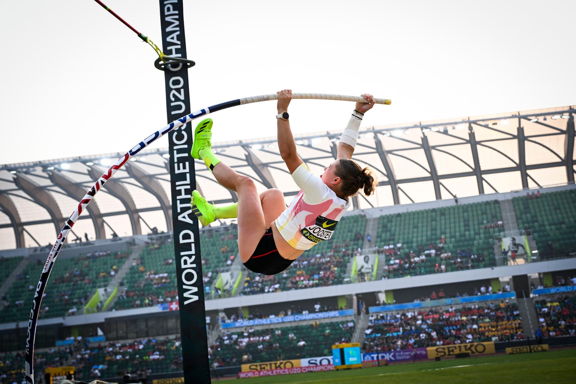 Belgian Kyani Joosten pictured in action during the women's pole vault competition, at the World Athletics U20 Championships, Wednesday 5th of August 2026, in Eugene, USA. The world championships take place from 5 to 9 August. BELGA PHOTO THOMAS WINDESTAM