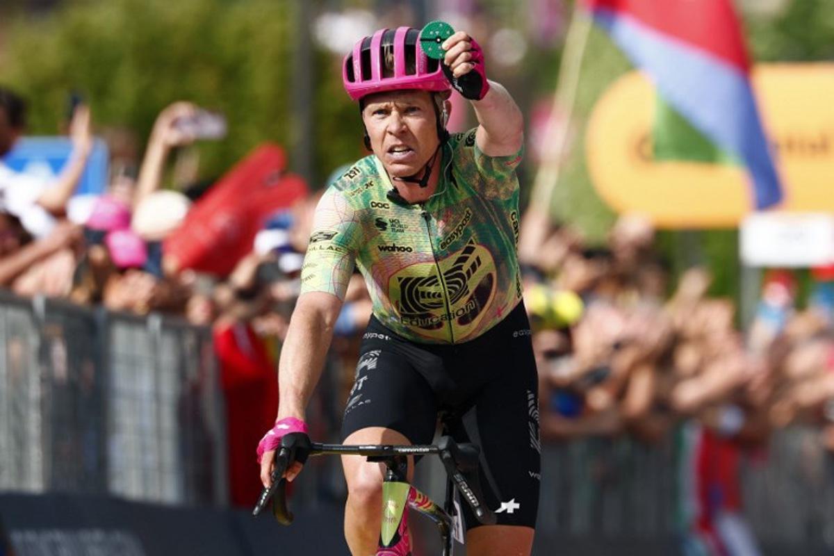 EF Education - EasyPost Danish rider Michael Valgren celebrates as he crosses the finish line to win the 17th stage of the Giro d'Italia 2026 - Tour of Italy cycling race between Cassano d'Adda and Andalo, Italy, on May 27, 2026. Luca Bettini / AFP