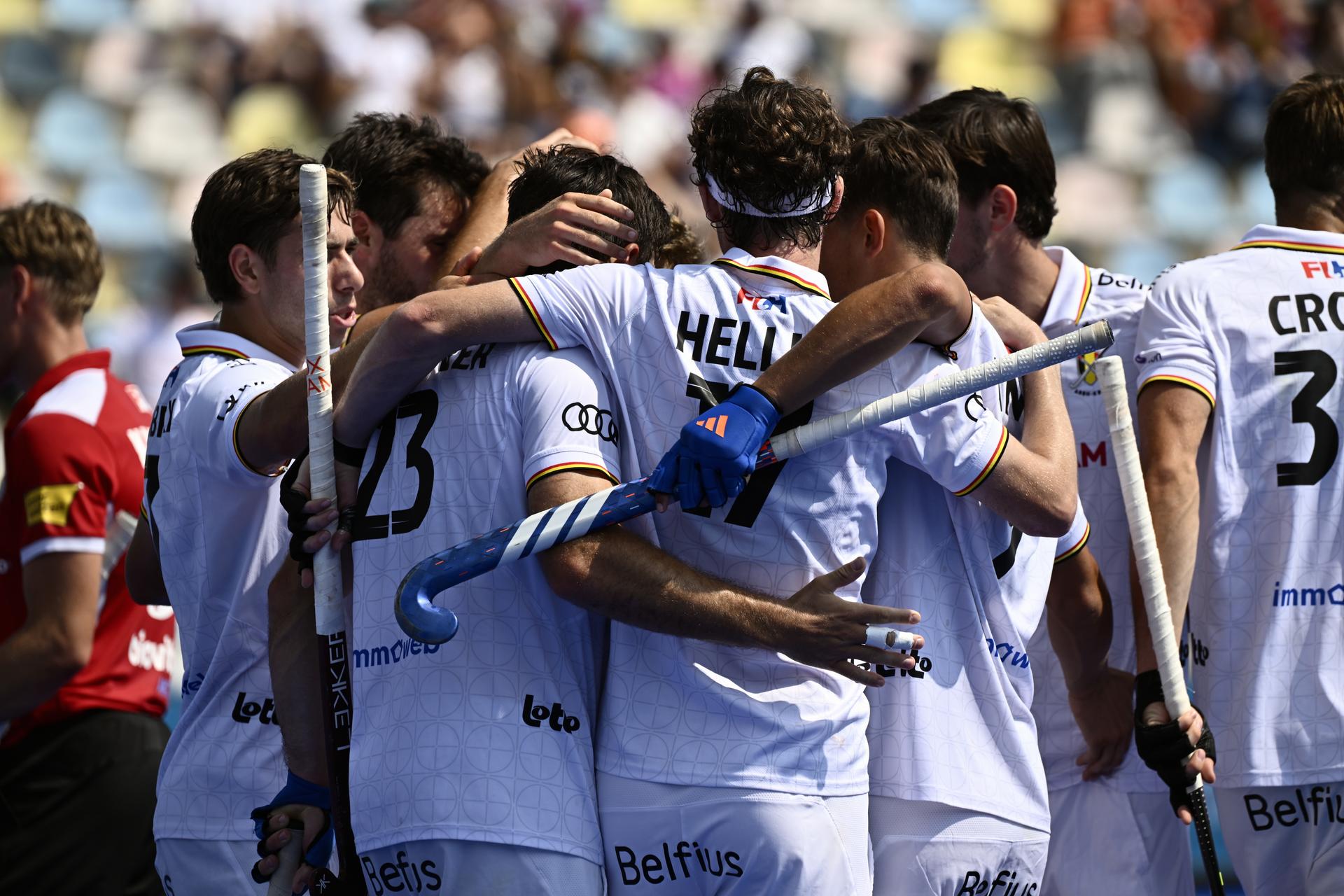 Belgium players celebrate after scoring during a hockey game between Belgian national team Red Lions and Austria, match 1/3 in the pool stage of the 2025 men's European championships, Saturday 09 August 2025 in Monchengladbach, Germany. BELGA PHOTO ERIC LALMAND