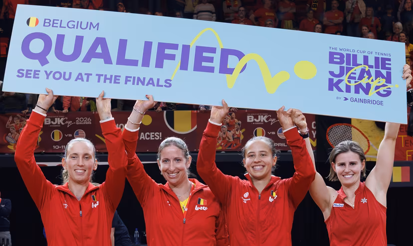Belgian Elise Mertens, Belgian Magali Kempen, Belgian Hanne Vandewinkel and Belgian Greet Minnen pose for photographers after the fourth game between Belgian Minnen and US' Jovic on the second day of the qualifiers of the Billie Jean King Cup tennis between Belgium and the USA, in Oostende, Belgium, on Saturday 11 April 2026. The meeting takes place on 10 and 11th April. PHOTO BENOIT DOPPAGNE