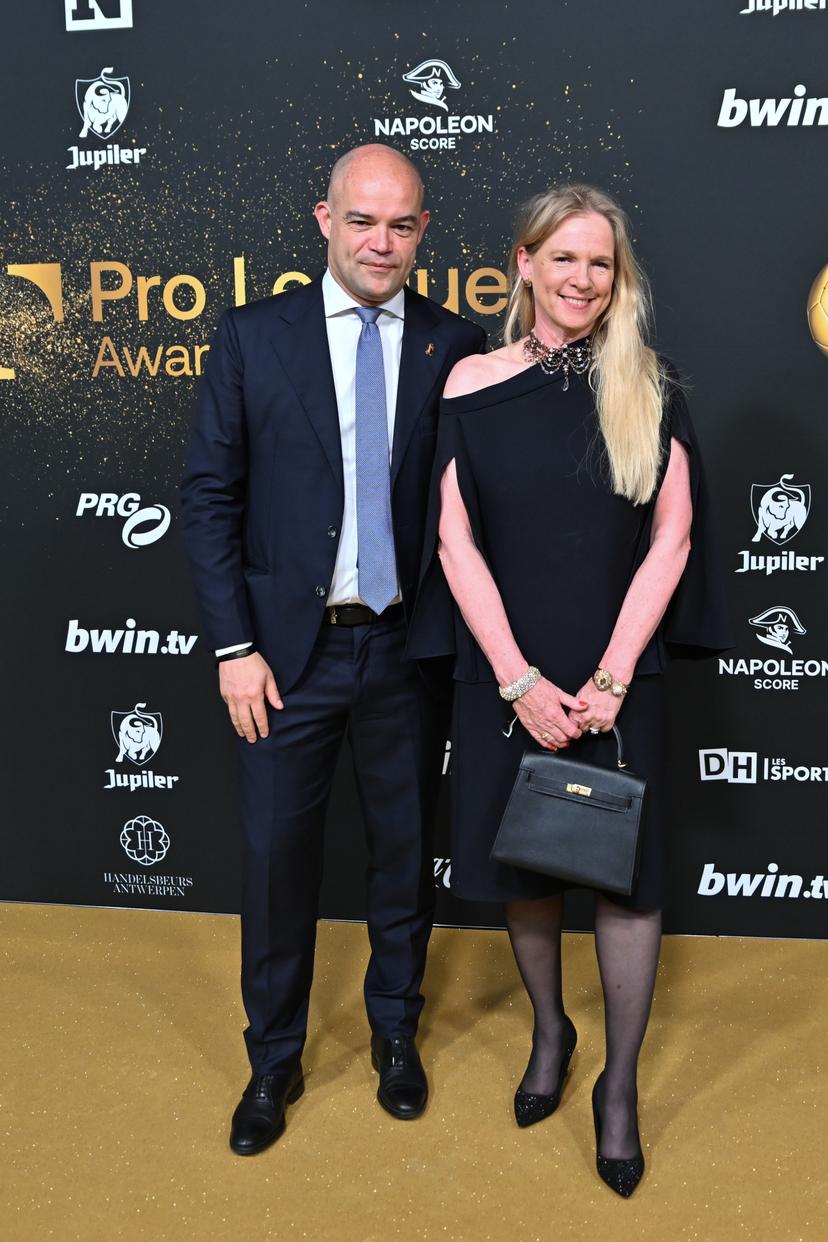 RBFA CEO Peter Willems and RBFA chairwoman Pascale Van Damme pictured on the Golden Carpet at the arrival for the Pro League Awards 2026, for the best players in the 1st and 2nd divisions of the 2025-2026 Belgian soccer championships, on Monday 25 May 2026, in Antwerp. BELGA PHOTO EMILE WINDAL