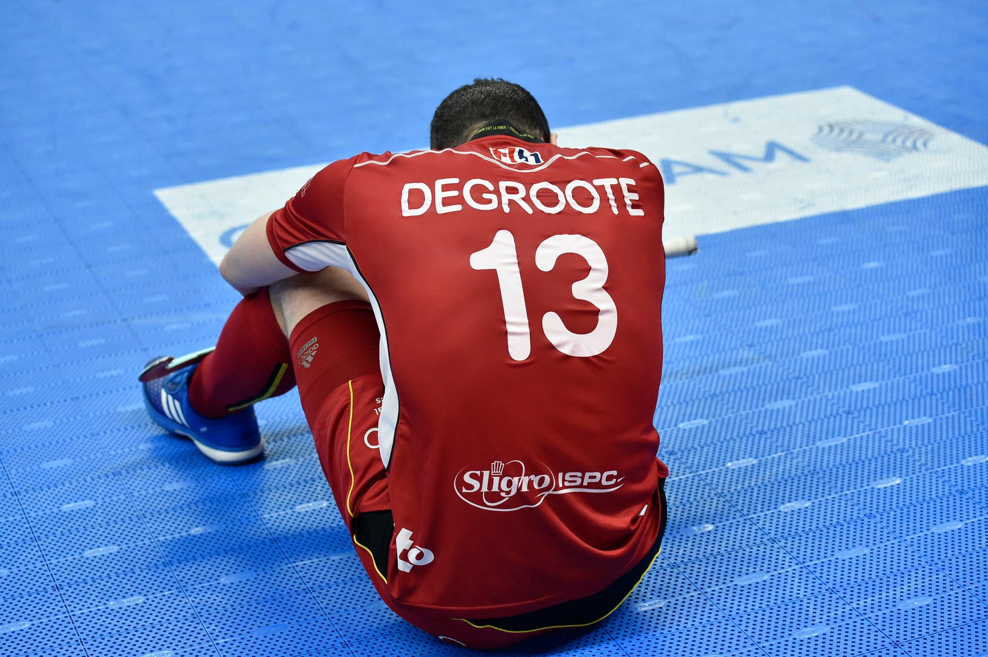 Belgium's Tom Degroote reacts during the hockey match between Belgium and Austria, the finals of the EuroHockey Indoor Championship, in Antwerp, Sunday 14 January 2018. BELGA PHOTO JOHN THYS