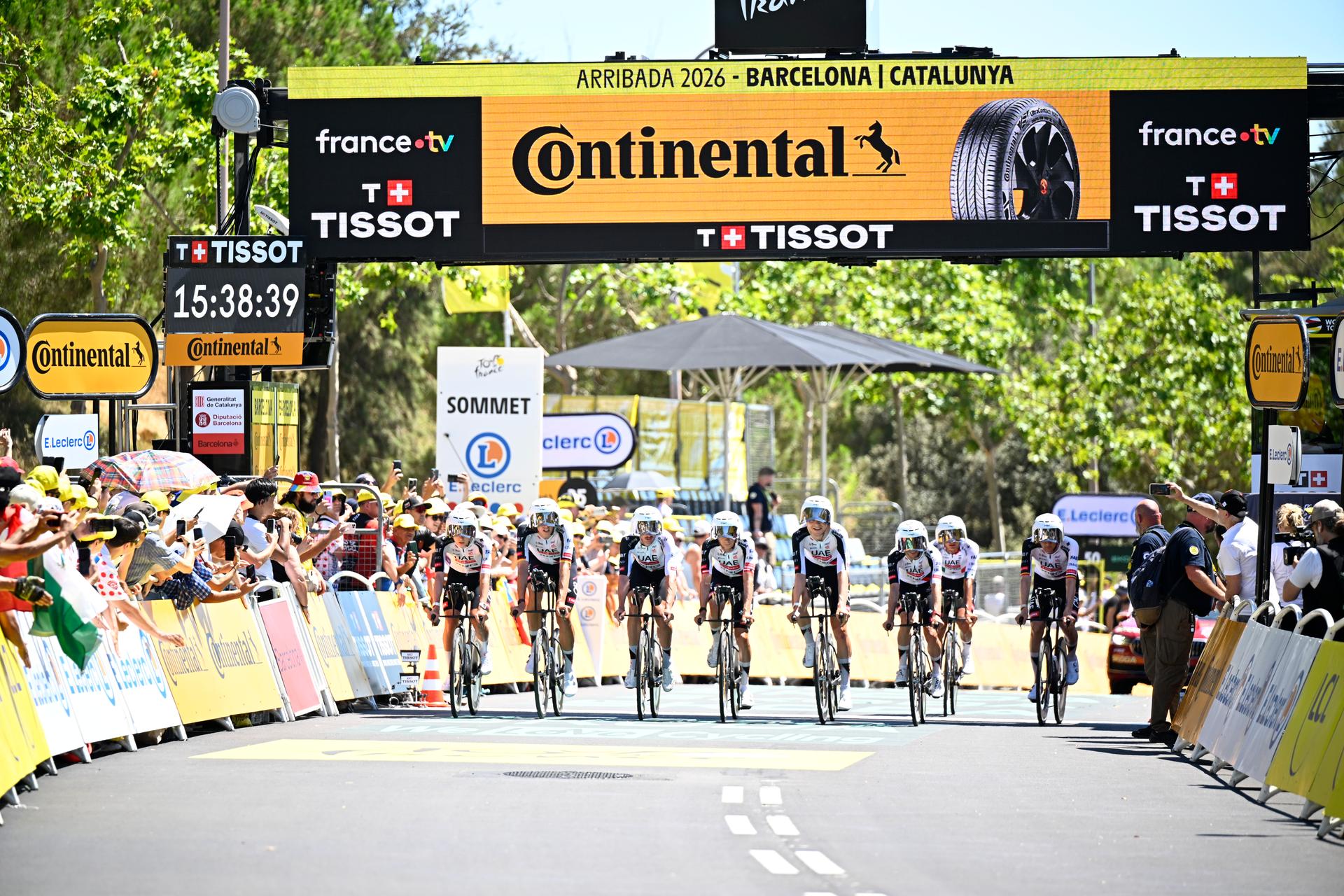 UAE Team Emirates-XRG riders pictured during a training ahead of the first stage of the 2026 Tour de France cycling race, a team time trial of 19km with start and finish in Barcelona, Spain, Saturday 04 July 2026. The 113th edition of the Tour de France starts on Saturday 4 July in Barcelona, Spain, and will finish in Paris, France on the 26th of July. BELGA PHOTO JASPER JACOBS