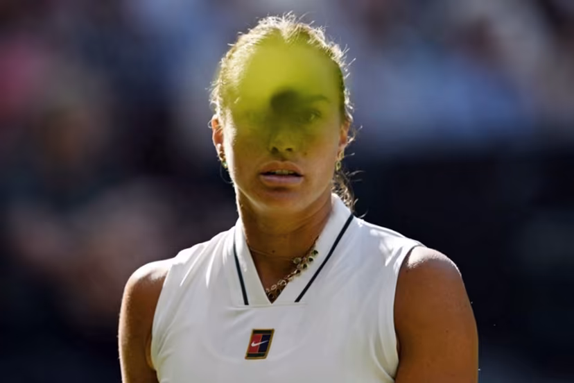 Belarus's Aryna Sabalenka looks at a ball as she plays against Latvia's Jelena Ostapenko during their women's singles third round tennis match on the fifth day of the 2026 Wimbledon Championships at The All England Lawn Tennis and Croquet Club in Wimbledon, southwest London, on July 3, 2026. Glyn KIRK / AFP