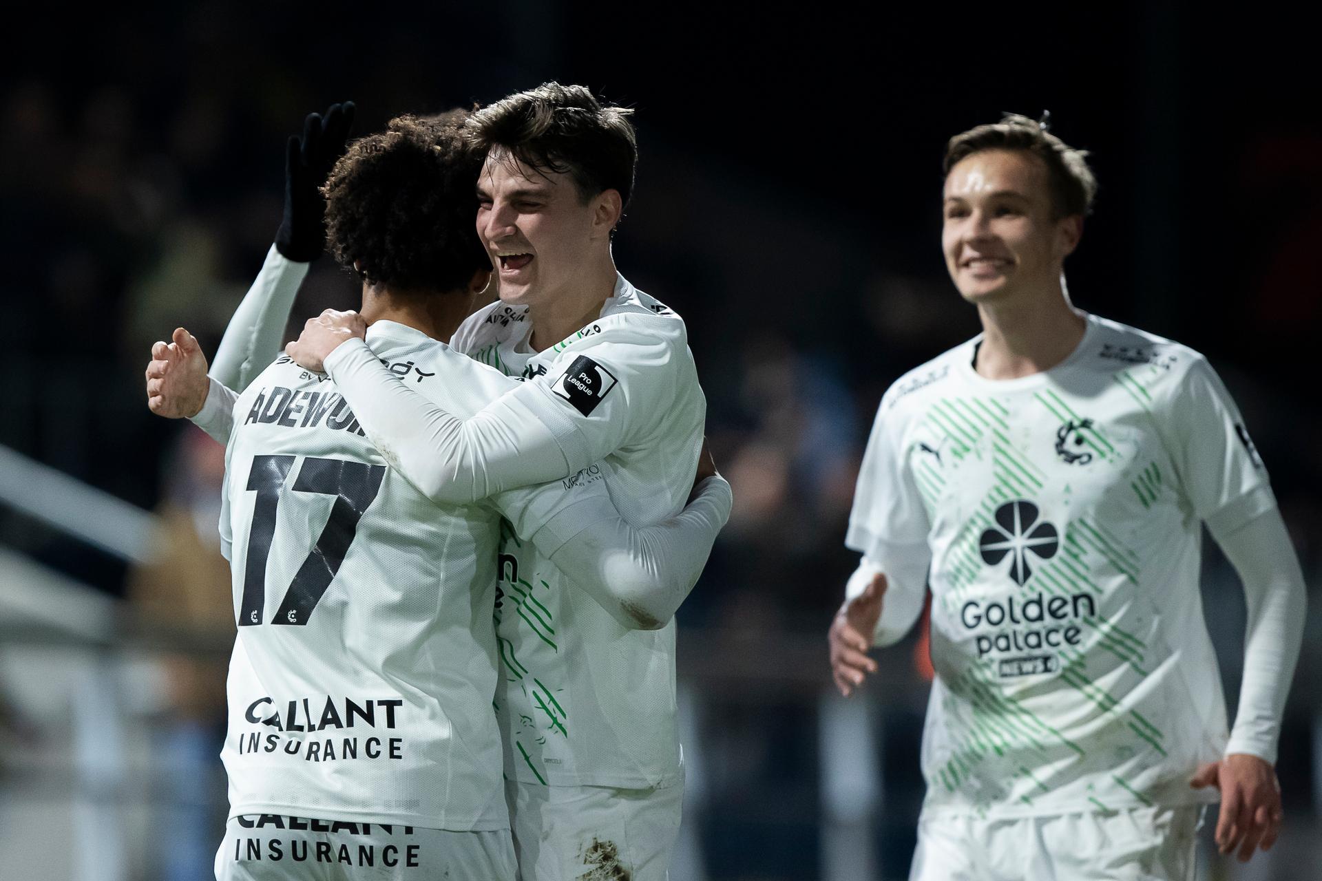 Cercle's Oluwaseun Adewumi and Cercle's Pieter Gerkens celebrate during a soccer match between KVC Westerlo and Cercle Brugge, Saturday 17 January 2026 in Westerlo, on day 21 of the 2025-2026 'Jupiler Pro League' first division of the Belgian championship. BELGA PHOTO KRISTOF VAN ACCOM