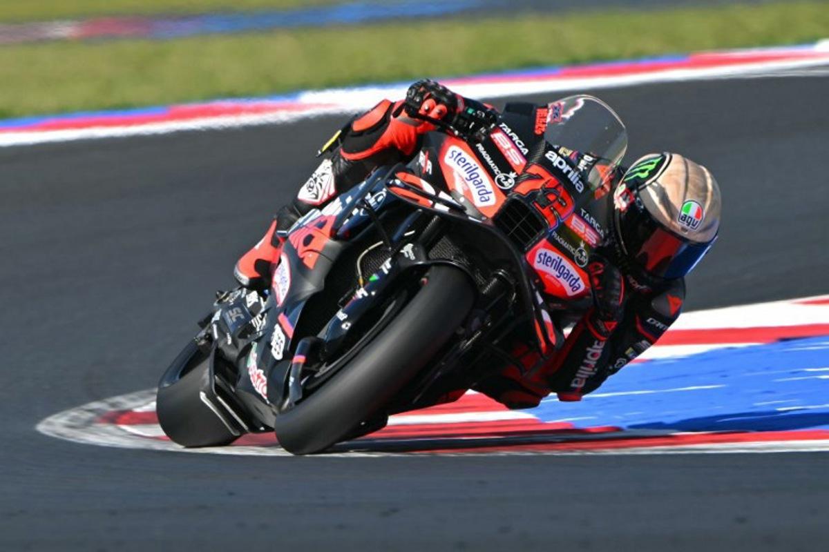 Aprilia Racing team's Italian MotoGP rider Marco Bezzecchi during the second practice session ahead of the San Marino Moto GP Grand Prix at the Misano World Circuit Marco Simoncelli, in Misano Adriatico, northern Italy, on September 13, 2025. Andreas SOLARO / AFP