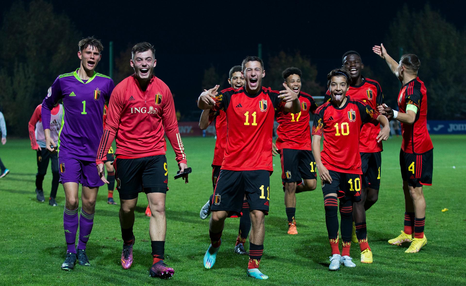 Belgium's players a soccer game between Romania U17 and Belgium U17, Saturday 29 October 2022 in Buftea, Romania, match 2/3 in the qualifications for the 2023 European Championships. BELGA PHOTO NIKOLA KRSTIC