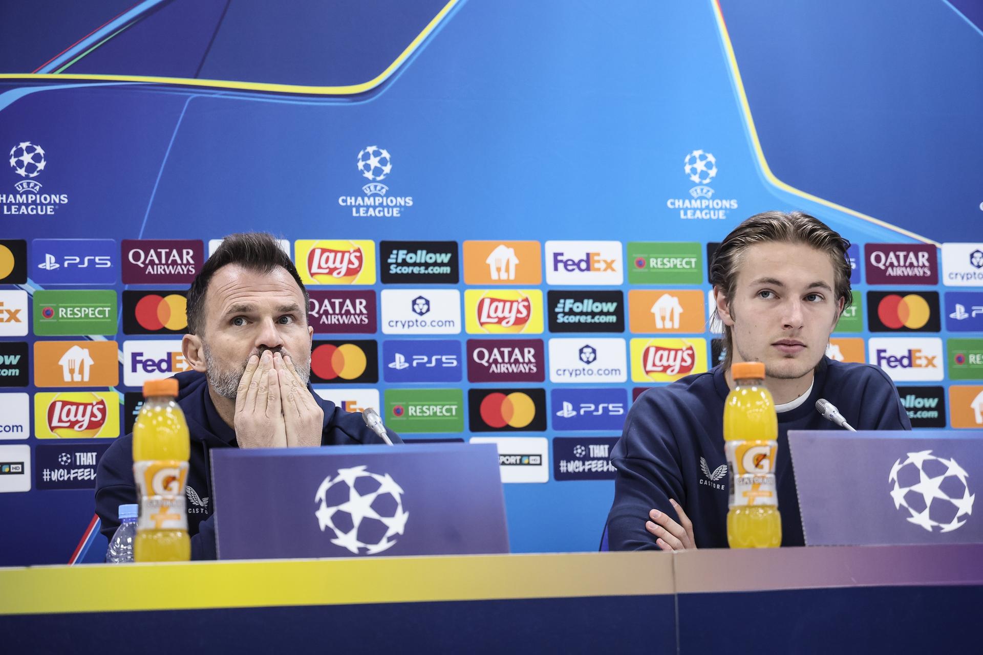 Club's head coach Ivan Leko and Club's Romeo Vermant pictured during a press conference of Belgian soccer team Club Brugge KV, on Monday 19 January 2026 in Almaty, Kazakhstan. The team is preparing for tomorrow's game against Kazakh FC Kairat Almaty, on day seven of the League phase of the UEFA Champions League tournament. BELGA PHOTO BRUNO FAHY
