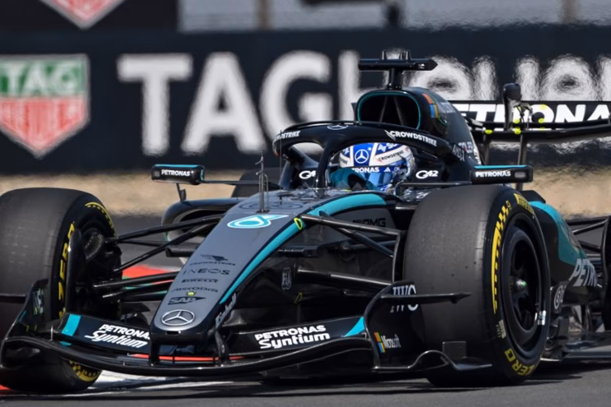 Mercedes' British driver George Russell drives during a practice session ahead of the Formula One Chinese Grand Prix at the Shanghai International Circuit in Shanghai on March 13, 2026. JADE GAO / AFP