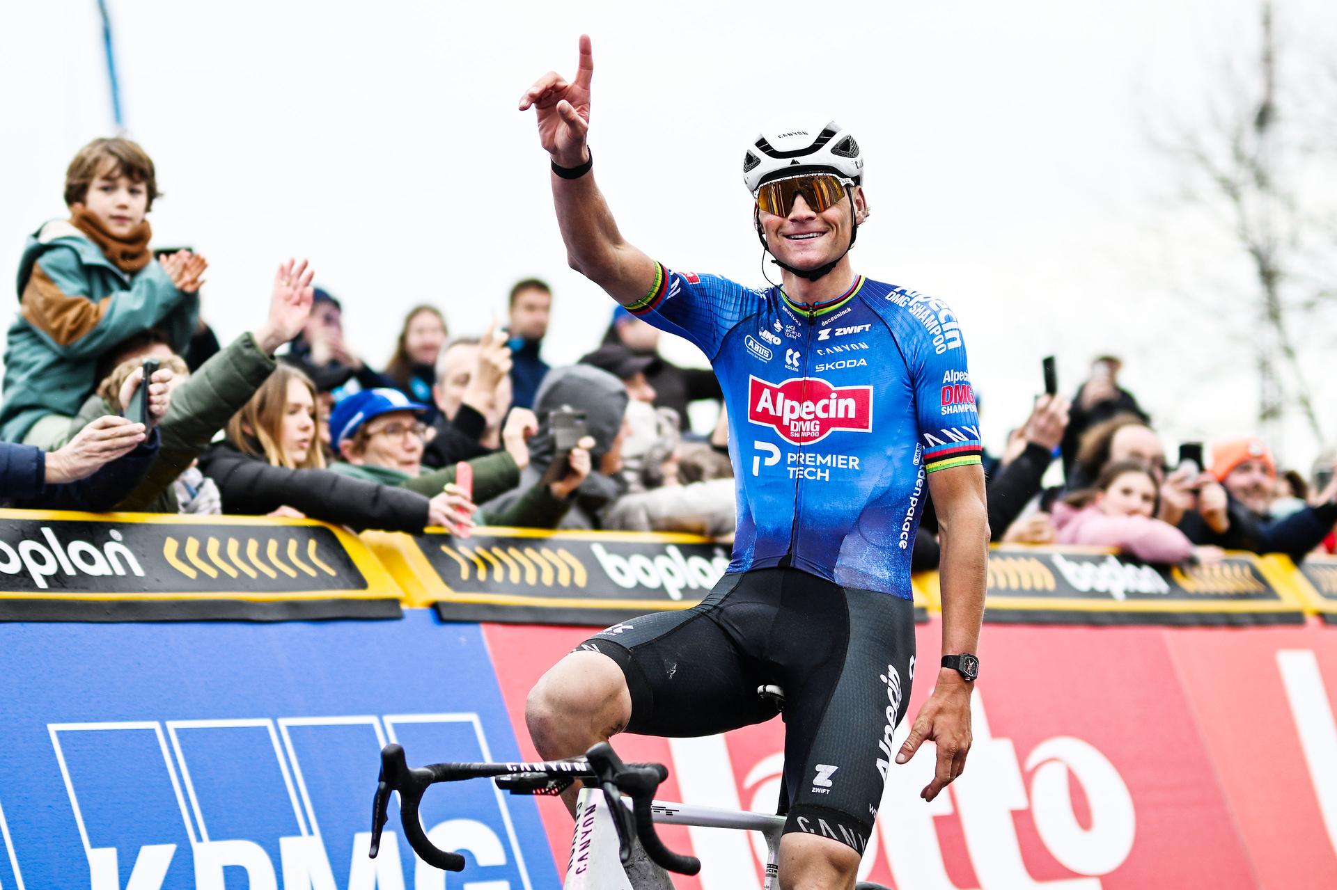 Dutch Mathieu van der Poel of Alpecin-Premier Tech wins the 81st edition of the men's one-day cycling race Omloop Het Nieuwsblad (UCI World Tour), the opening race of the Flemish one-day classics season, 207,6 km from Gent to Ninove, Saturday 28 February 2026. BELGA PHOTO MAARTEN STRAETEMANS