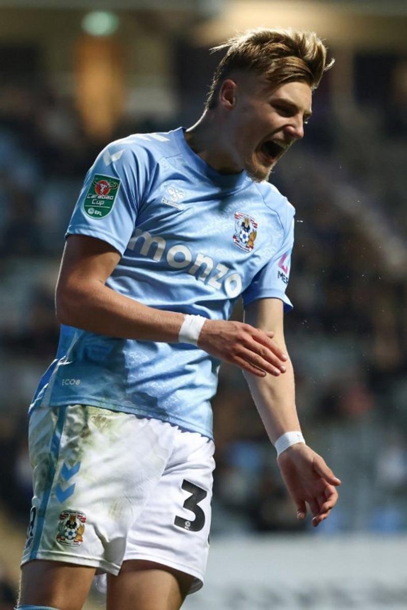 Coventry City's Belgian forward #37 Norman Bassette reacts following a missed opportunity during the English League Cup third round football match between Coventry City and Tottenham Hotspur at the Coventry Building Society Arena in Coventry, central England on September 18, 2024. Darren Staples / AFP