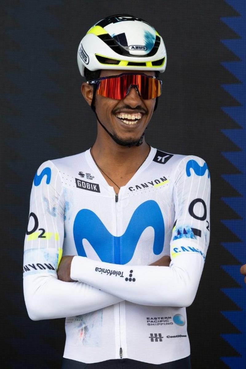 Eritrean Natnael Tesfatsion of Movistar Team smiles before competing in the 2026 Cadel Evans Great Ocean Men's Elite Road Race in Geelong on February 1, 2026. CHRIS PUTNAM / AFP