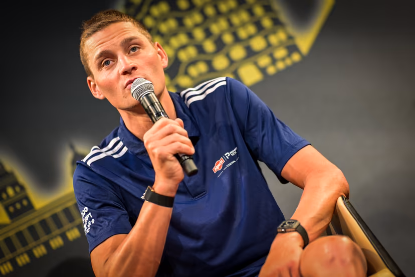 Dutch Mathieu van der Poel of Alpecin-Premier Tech pictured during a press conference ahead of the 2026 Tour de France cycling race, Thursday 02 July 2026, in Barcelona, Spain. The 113th edition of the Tour de France starts on Saturday 4 July in Barcelona, Spain, and will finish in Paris, France on the 26th of July. BELGA PHOTO DAVID PINTENS