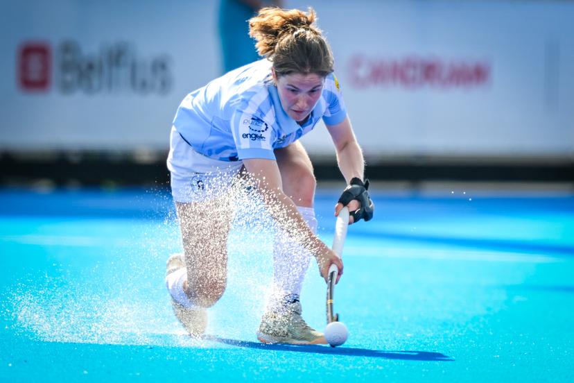 Gantoise's Helene Brasseur pictured in action during a hockey game between Gantoise and Dragons, Sunday 24 May 2026 in Wavre, the return leg of the women's Finals of the Belgian first division hockey championship. BELGA PHOTO DAVID PINTENS