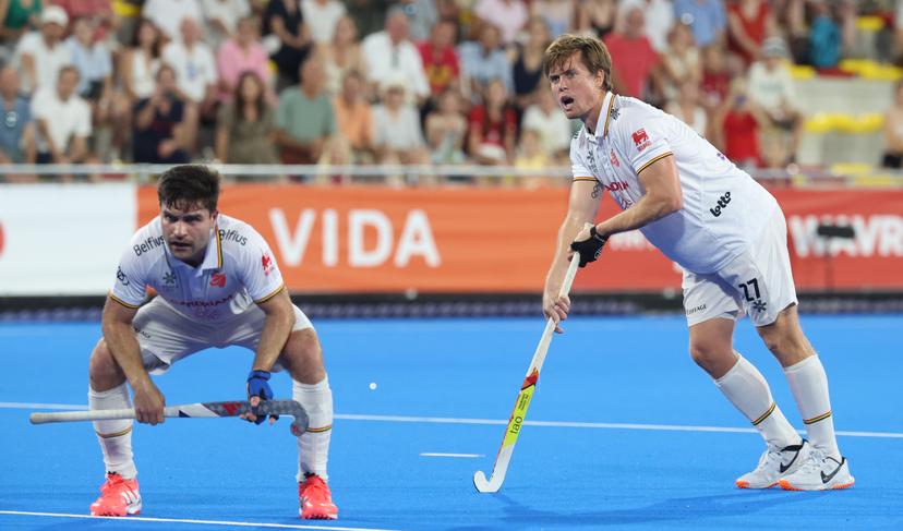 Belgium's Tom Boon and pictu a hockey game between Belgian national team Red Lions and Netherlands, Wednesday 24 June 2026 in Wavre, match 13/16 in the group stage of the men's FIH Pro League competition. BELGA PHOTO VIRGINIE LEFOUR