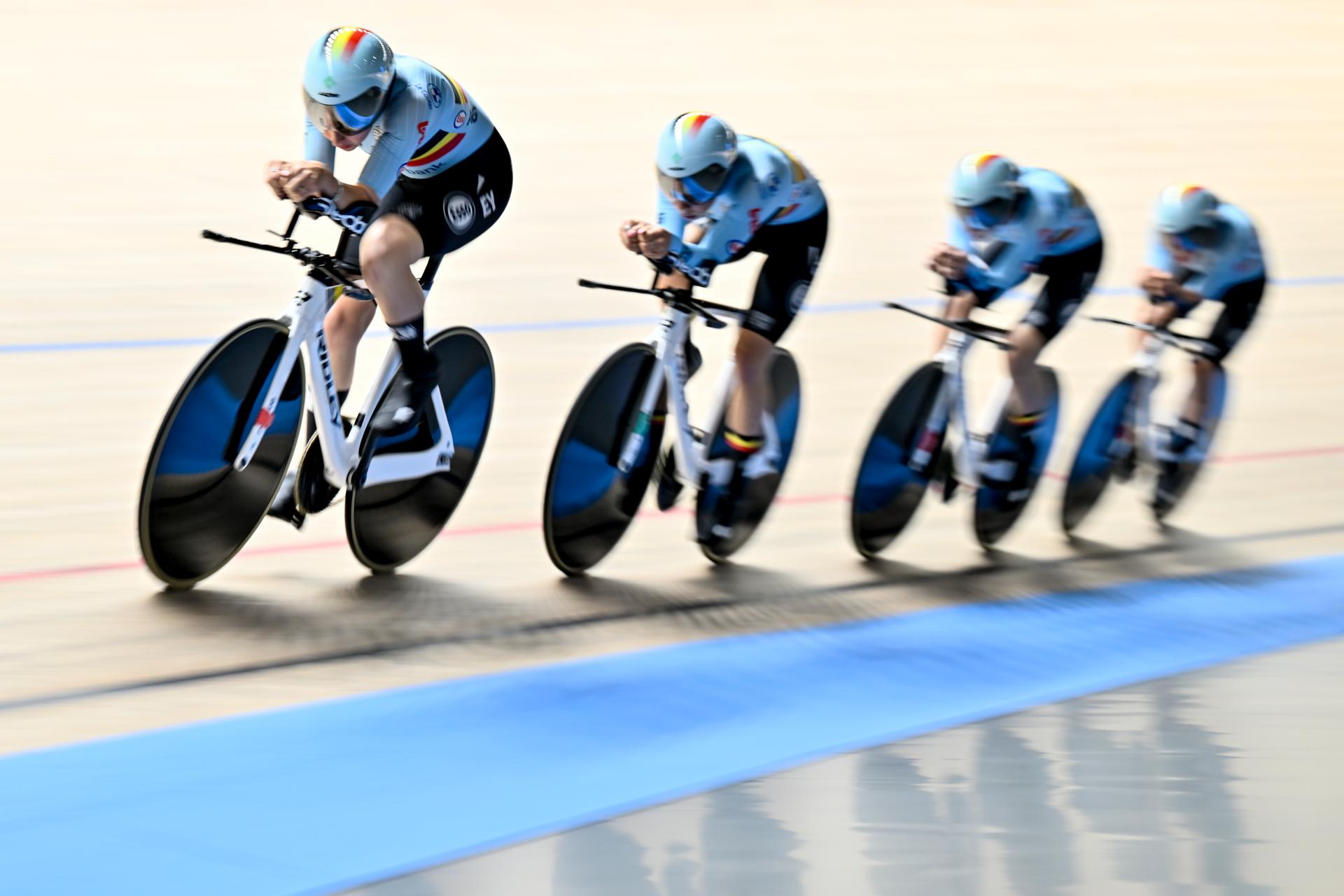 Belgian Katrijn De Clercq, Belgian Marith Vanhove, Belgian Febe Jooris and Belgian Helene Hesters pictured in action during the women's Team Pursuit first round at the 2025 UEC Track Elite European Championships, in Heusden-Zolder, Belgium, Thursday 13 February 2025. The European Championships take place from 12 to 16 February. BELGA PHOTO DIRK WAEM