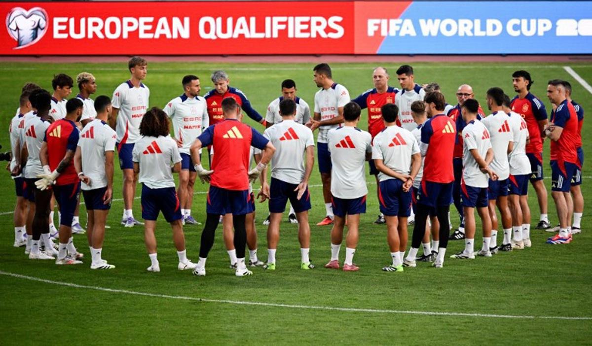 Spain's players take part in a training session of Spain's national football team, on the eve of the UEFA World cup 2026 Group E qualification football match between Bulgaria and Spain, at the Vassil Levski stadium in Sofia on September 3, 2025. Nikolay DOYCHINOV / AFP