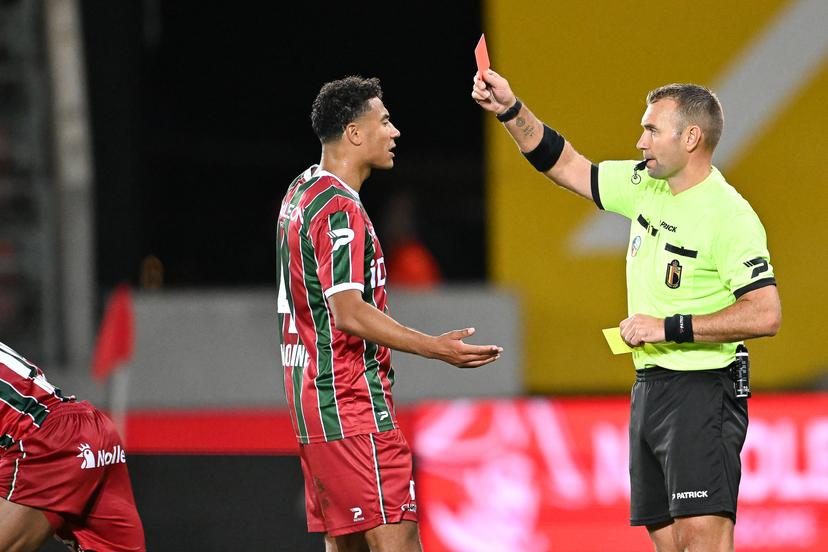 Essevee's Malick Mbaye receives a red card from the referee during a soccer match between SV Zulte Waregem and Kaa Gent, Saturday 10 October 2026 in Waregem, on day 8 of the 2026-2027 'Jupiler Pro League' first division of the Belgian championship, in Waregem. BELGA PHOTO JILL DELSAUX