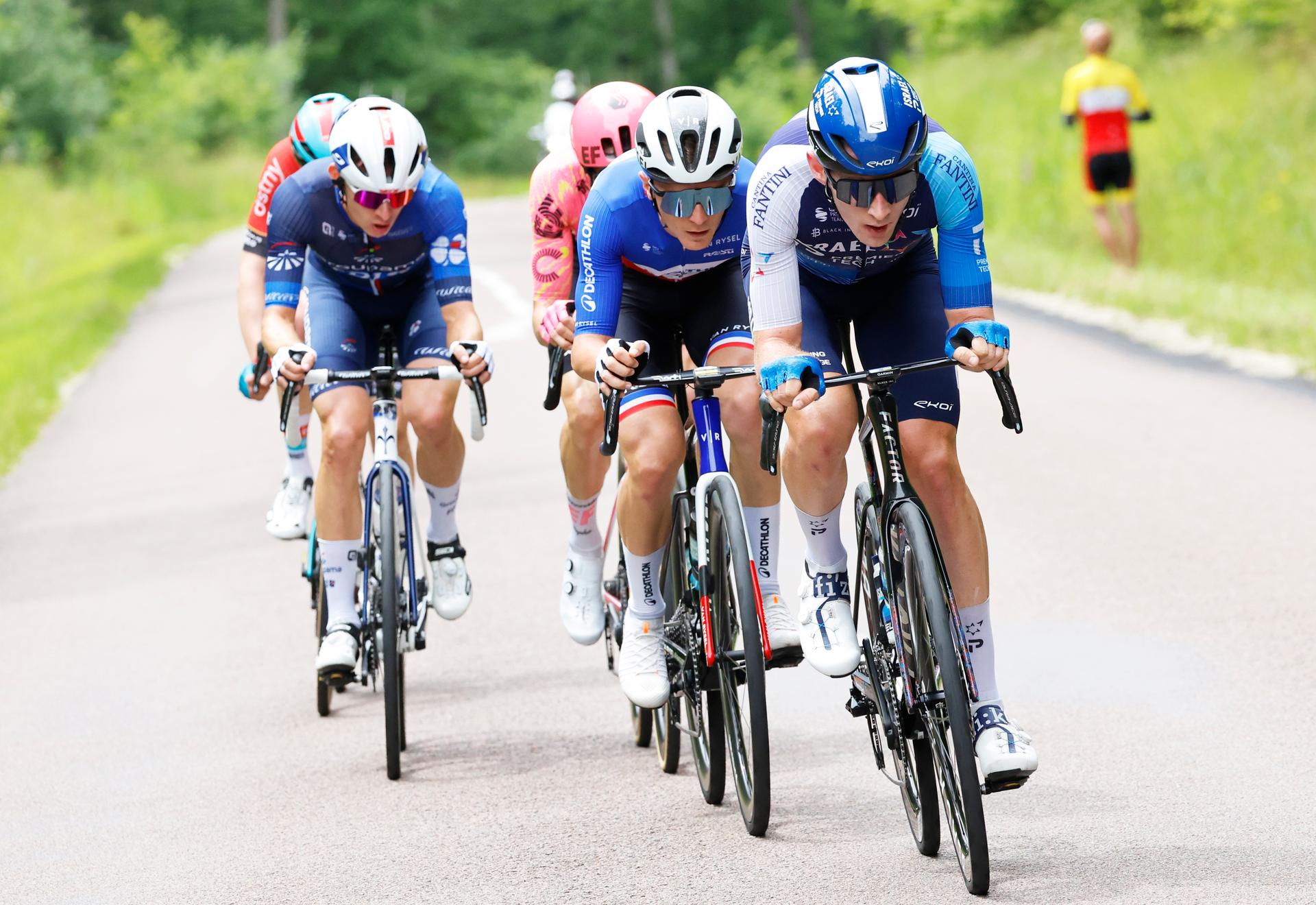 French Paul Lapeira of Decathlon Ag2r La Mondiale Team and Canadian Derek Gee of Israel-Premier Tech pictured in action during stage 9 of the 2024 Tour de France cycling race, from Troyes to Troyes, France (199 km) on Sunday 07 July 2024. The 111th edition of the Tour de France starts on Saturday 29 June and will finish in Nice, France on 21 July. BELGA PHOTO POOL JAN DE MEULENEIR
