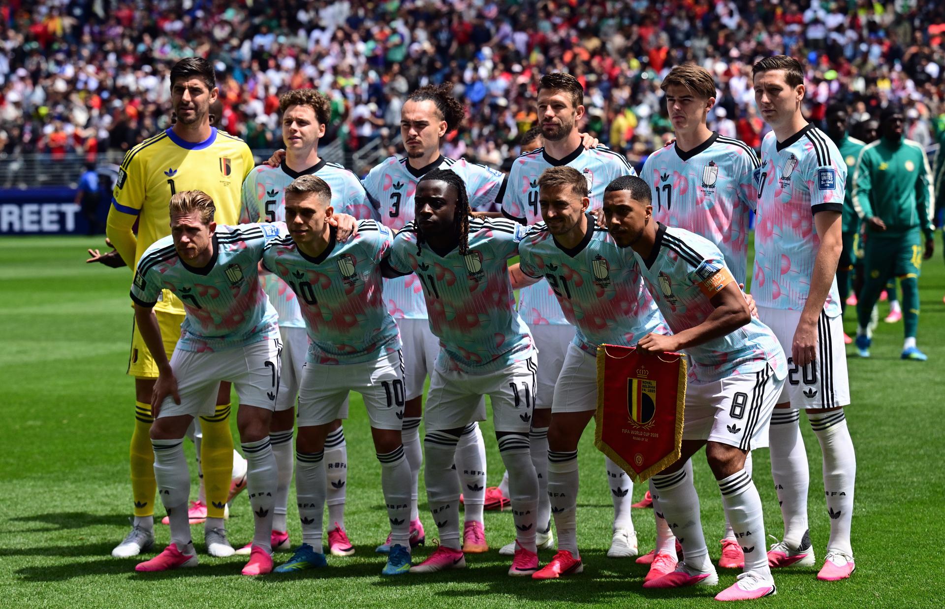 The Red Devils pose for a family portrait at the start of a soccer game between Belgian national team Red Devils and Senegal, on Wednesday 01 July 2026, at the Seattle Field, in Seattle, a 1/16 finals game in the FIFA World Cup 2026. BELGA PHOTO DIRK WAEM