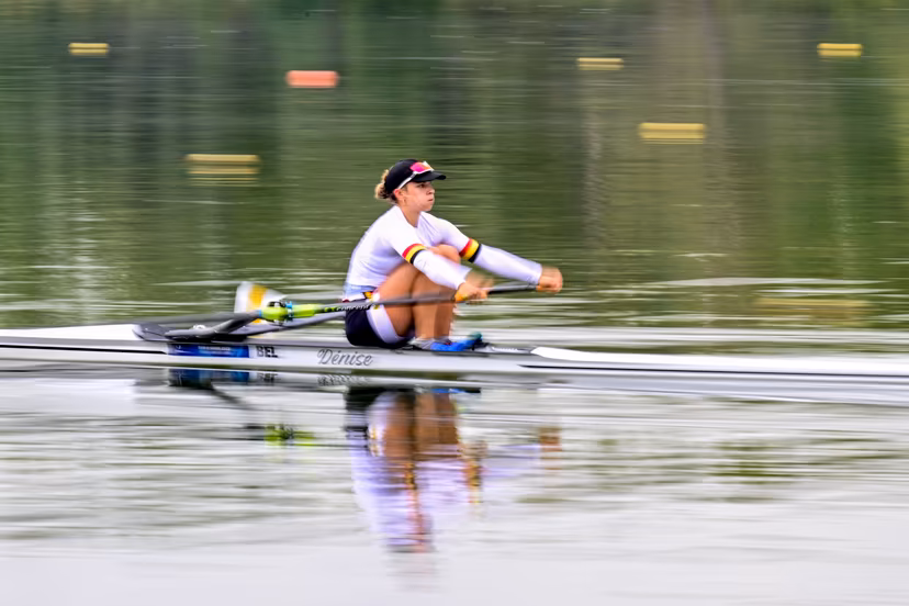 Belgian athlete Mazarine Guilbert pictured during a training session ahead of a press conference organized by the 'Vlaamse Roeiliga' Flemish rowing federation, Tuesday 09 September 2025 in Willebroek, to present the athletes and new coaching staff that will take part to the World Championships in Shanghai (September 21-28). BELGA PHOTO DIRK WAEM