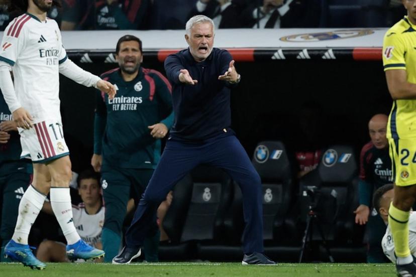Real Madrid's Portuguese coach Jose Mourinho reacts during the Spanish league football match between Real Madrid CF and Villarreal CF at the Santiago Bernabeu Stadium in Madrid on October 10, 2026. Oscar DEL POZO / AFP