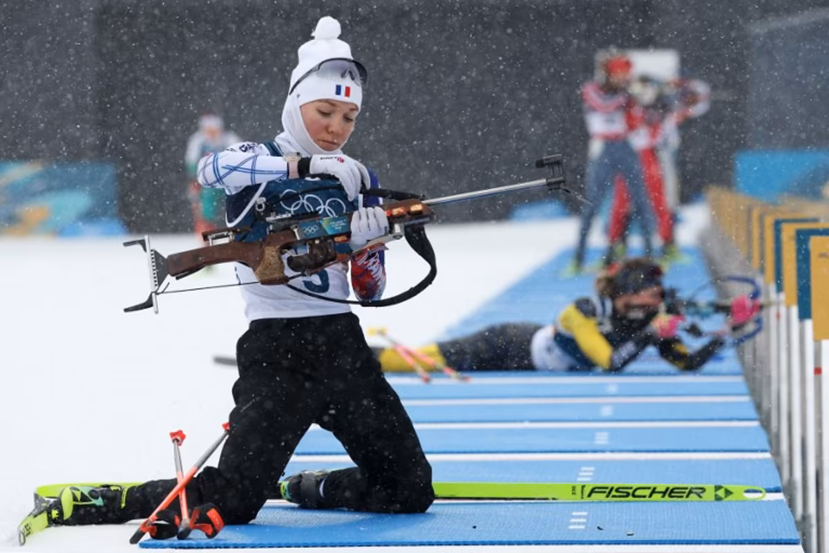 France's Oceane Michelon warms up ahead of the women's biathlon 12.5km mass start event during the Milano Cortina 2026 Winter Olympic Games at the Anterselva Biathlon Arena (Sudtirol Arena) in Anterselva (Val Pusteria) on February 21, 2026. Odd ANDERSEN / AFP