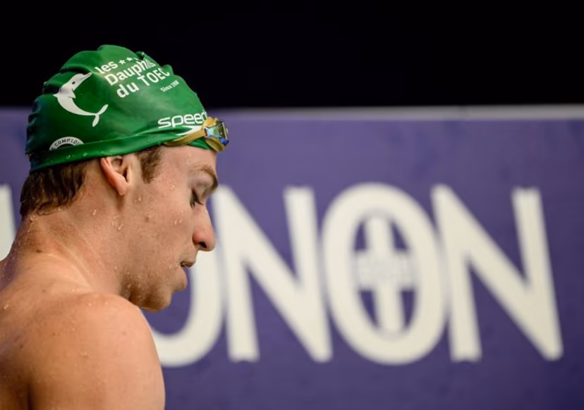 France's Leon Marchand reacts after competing in the 400-metres medley final during the French national swimming championships in Saint-Etienne, south-eastern France on June 27, 2026. OLIVIER CHASSIGNOLE / AFP