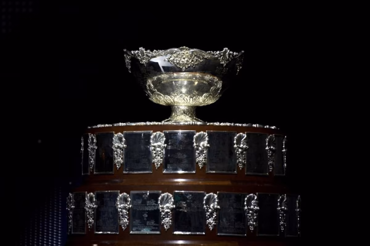 This photograph shows the Davis Cup on display before the men's single quarter-final tennis match between Canada and Finland of the Davis Cup tennis tournament at the Martin Carpena sportshall, in Malaga on November 21, 2023. JORGE GUERRERO / AFP