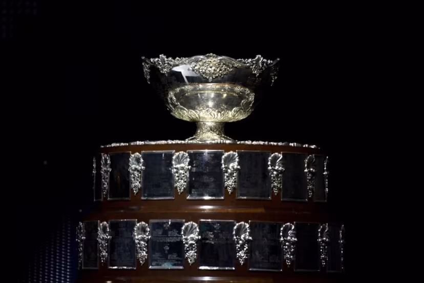 This photograph shows the Davis Cup on display before the men's single quarter-final tennis match between Canada and Finland of the Davis Cup tennis tournament at the Martin Carpena sportshall, in Malaga on November 21, 2023. JORGE GUERRERO / AFP