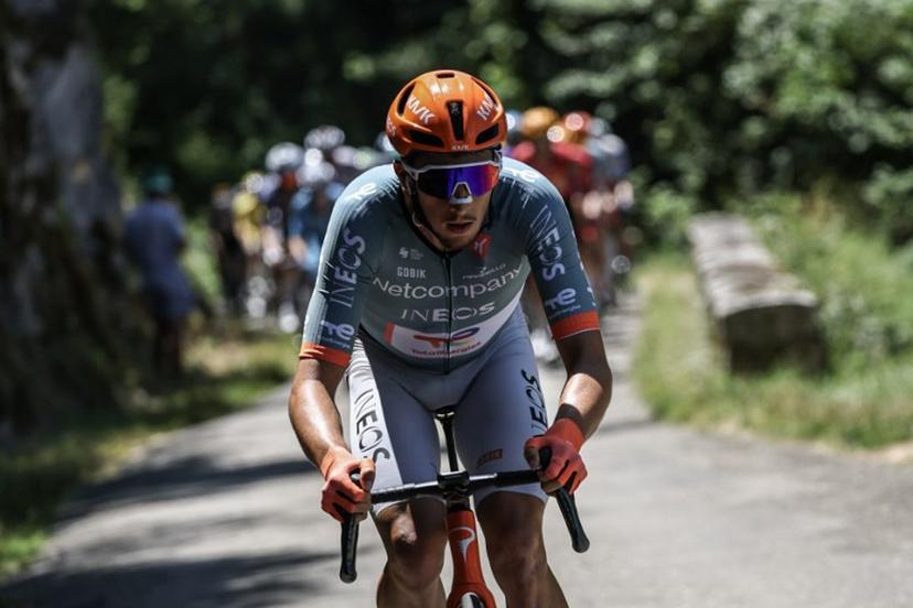 Netcompany Ineos Cycling Team's French rider Kévin Vauquelin cycles during the 7th stage of the Tour Auvergne-Rhone-Alpes cycling race (formerly known as the Criterium du Dauphine), 133,6km between La Bridoire and Grand Colombier in the French Alps on June 13, 2026. Anne-Christine POUJOULAT / AFP
