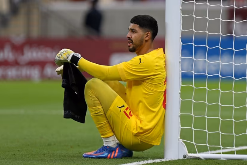 Arabi's goalkeeper Mahmoud Abunada reacts during the Qatar Stars League match between Al-Arabi and Al-Rayyan at the Lusail stadium, on the outskirts of the capital Doha on August 11, 2022. Mustafa ABUMUNES / AFP