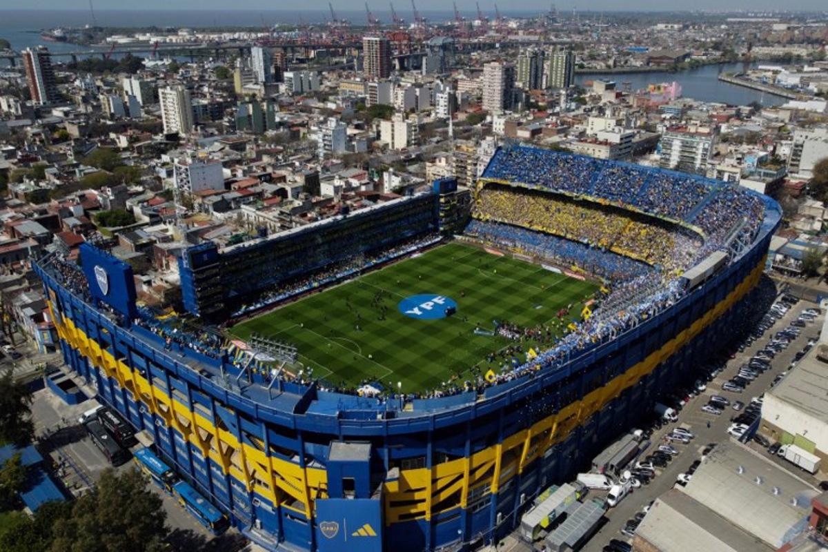 Aerial view of La Bombonera stadium before the beginning of the Argentine Professional Football League Tournament 2023 Superclasico match between Boca Juniors and River Plate in Buenos Aires on October 1, 2023. LUIS ROBAYO / AFP