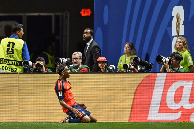 Spain's forward #19 Lamine Yamal celebrates after scoring the opening goal during the 2026 World Cup Group H football match between Spain and Saudi Arabia at the Atlanta Stadium in Atlanta on June 21, 2026. ROBERTO SCHMIDT / AFP