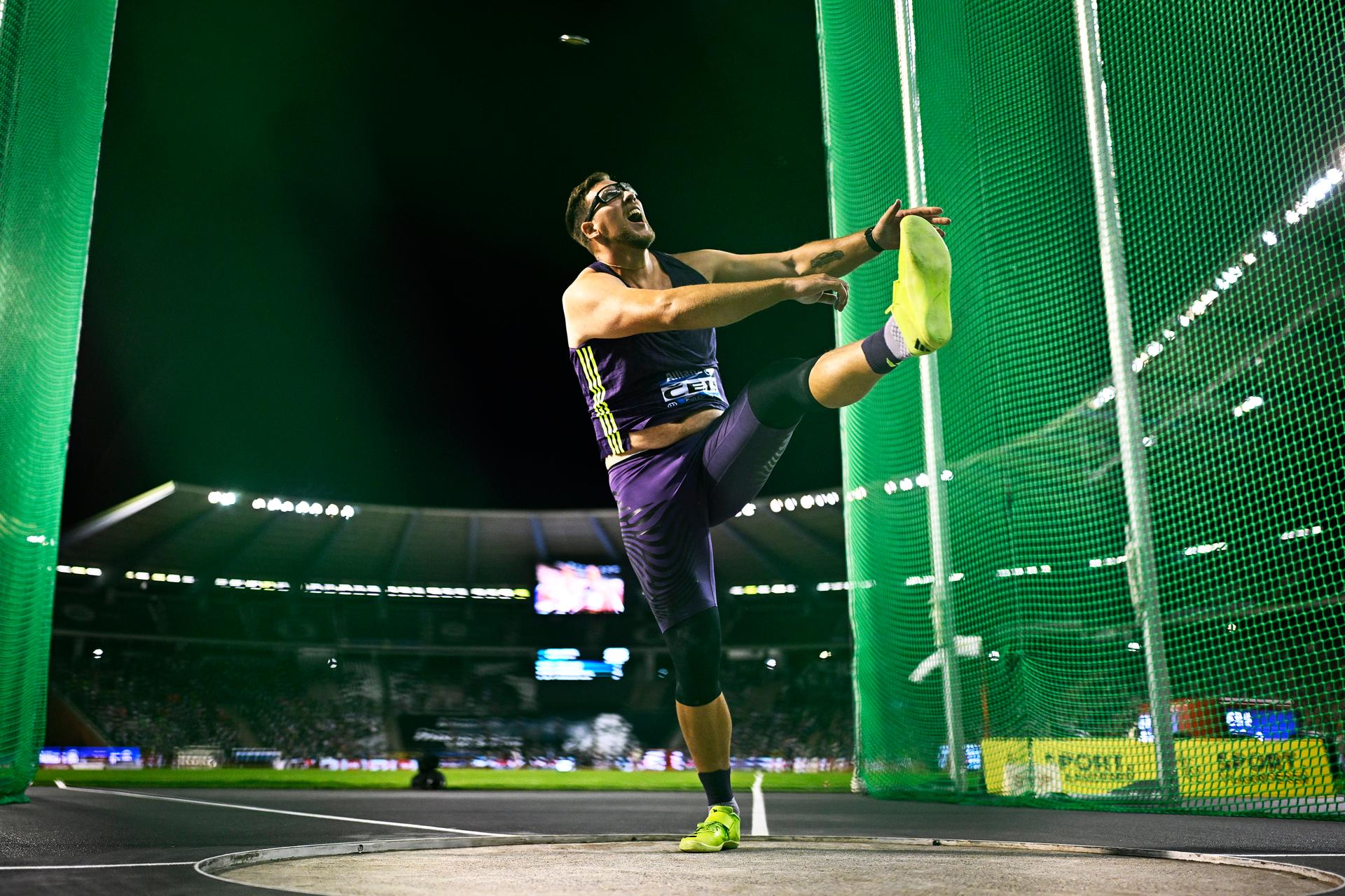 Slovenian Kristjan Ceh pictured in action during the discus throw event, at the 50th edition of the Memorial Van Damme Diamond League athletics event in Brussels, Friday 4 September 2026. BELGA PHOTO JASPER JACOBS