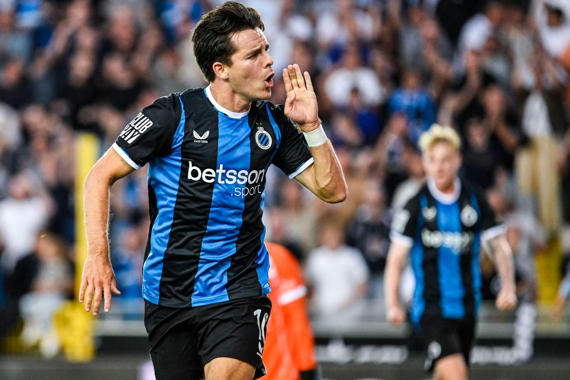 Club's Hugo Vetlesen celebrates after scoring during a soccer match between Club Brugge KV and KV Kortrijk, Friday 7 August 2026 in Brugge, on day 1 of the 2026-2027 'Jupiler Pro League' first division of the Belgian championship. BELGA PHOTO TOM GOYVAERTS