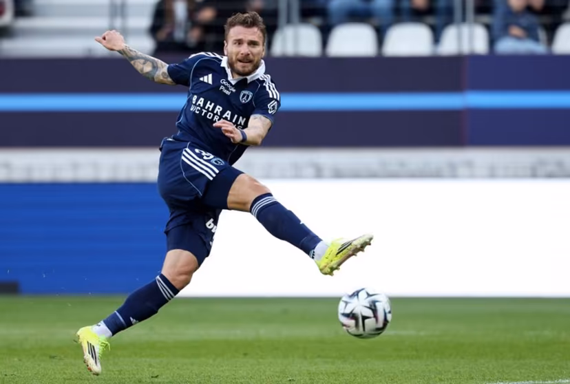 Paris FC's Italian forward #36 Ciro Immobile kicks to score his team's first goal during the French L1 football match between Paris FC and Le Havre AC at the Stade Jean-Bouin in Paris on March 22, 2026. FRANCK FIFE / AFP