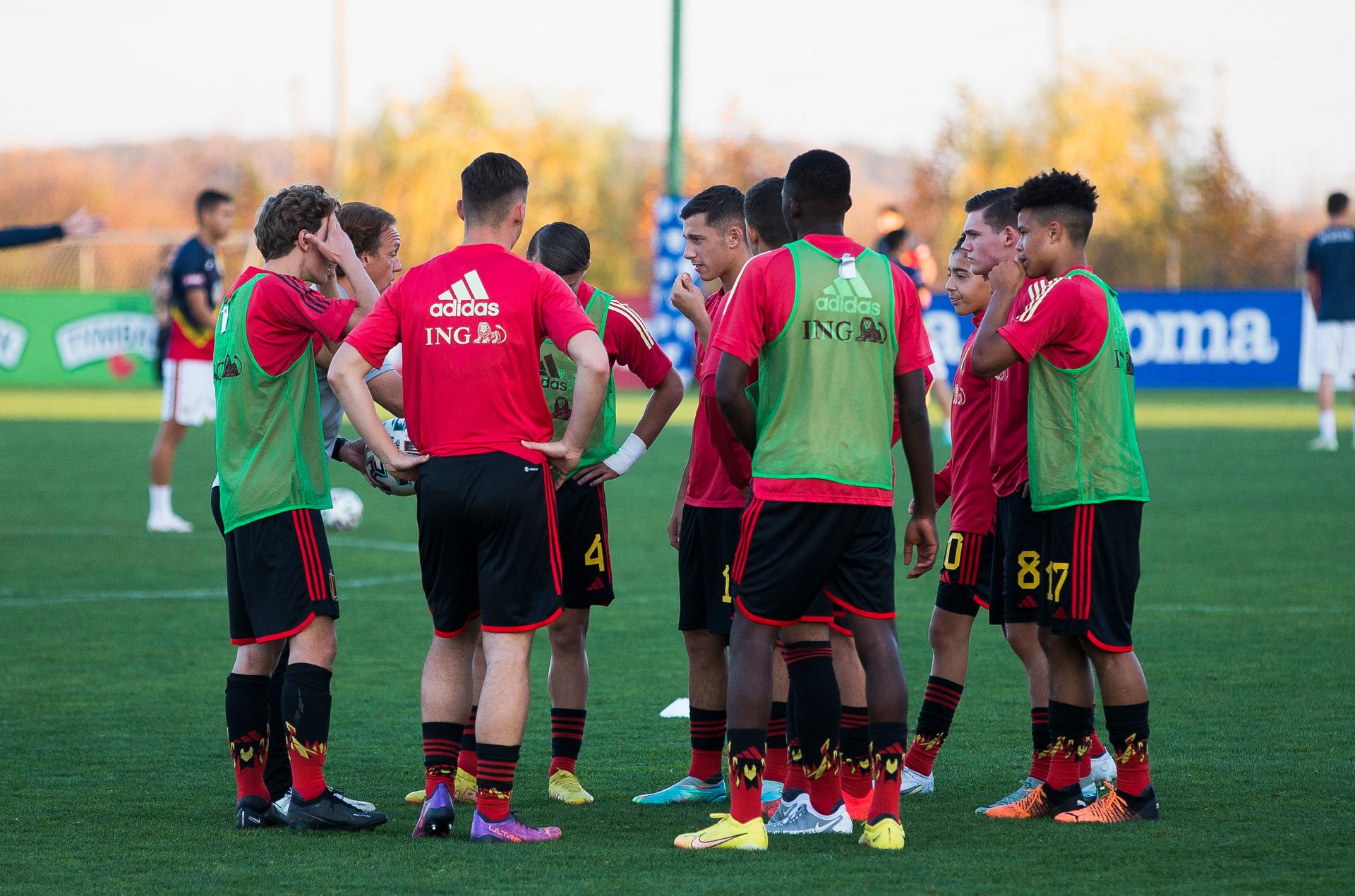 Belgium's players a soccer game between Romania U17 and Belgium U17, Saturday 29 October 2022 in Buftea, Romania, match 2/3 in the qualifications for the 2023 European Championships. BELGA PHOTO NIKOLA KRSTIC