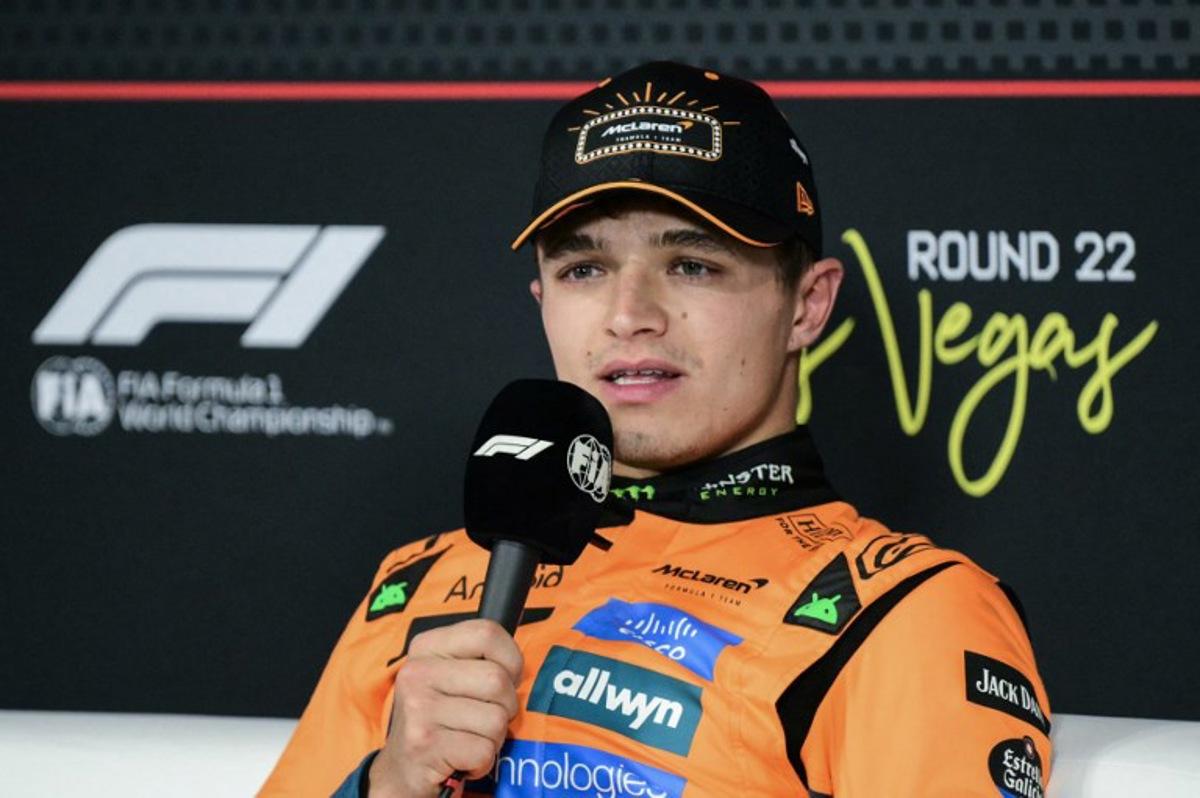 McLaren's British driver Lando Norris speaks during a press conference after winning the pole position during the qualifying session for the Las Vegas Formula One Grand Prix at the Las Vegas Strip Circuit in Las Vegas, Nevada, on November 21, 2025. Frederic J. Brown / AFP
