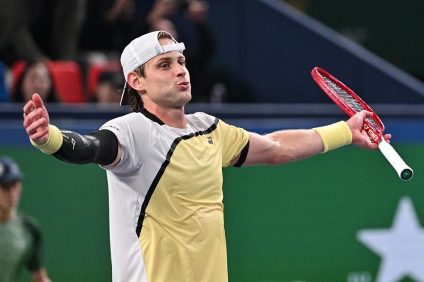 Belgium's Zizou Bergs celebrates after winning against Spain's Carlos Alcaraz during their men's singles match at the Shanghai Masters tennis tournament in Shanghai on October 12, 2026. Hector RETAMAL / AFP