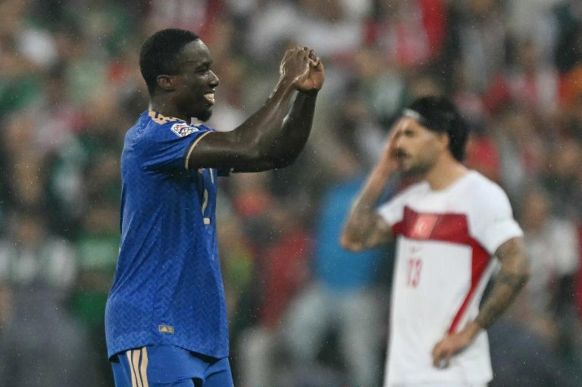 Italy's defender #02 Michael Kayode celebrates scoring his team's third goal during the UEFA Nations League football match (League A, Group A1) between Turkey and Italy at the Ataturk Sports Complex Matlı Stadium in Bursa on September 28, 2026. OZAN KOSE / AFP