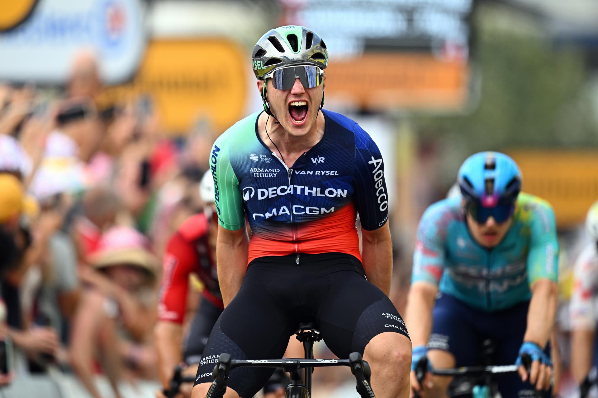 Dutch Olav Kooij of Decathlon CMA CGM Team celebrates as he crosses the finish line to win stage 5 of the 2026 Tour de France cycling race, a stage of 158km from Lannemezan to Pau, on Wednesday 08 July 2026. The 113th edition of the Tour de France starts on Saturday 4 July in Barcelona, Spain, and will finish in Paris, France on the 26th of July. BELGA PHOTO JASPER JACOBS