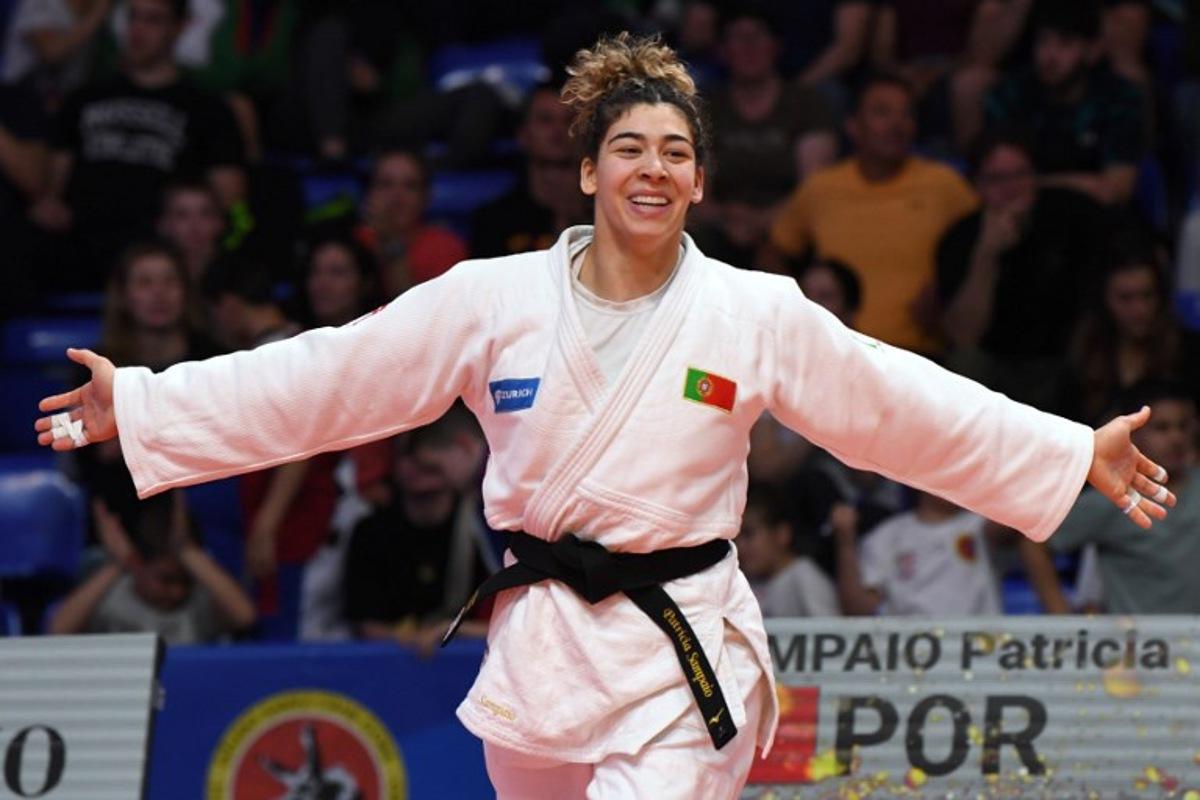 Portugal's Patricia Sampaio celebrates after winning in the women's -78kg final bout against Germany's Anna-Monta Olek at the Judo European Championships in Podgorica, Montenegro, on April 26, 2025. SAVO PRELEVIC / AFP